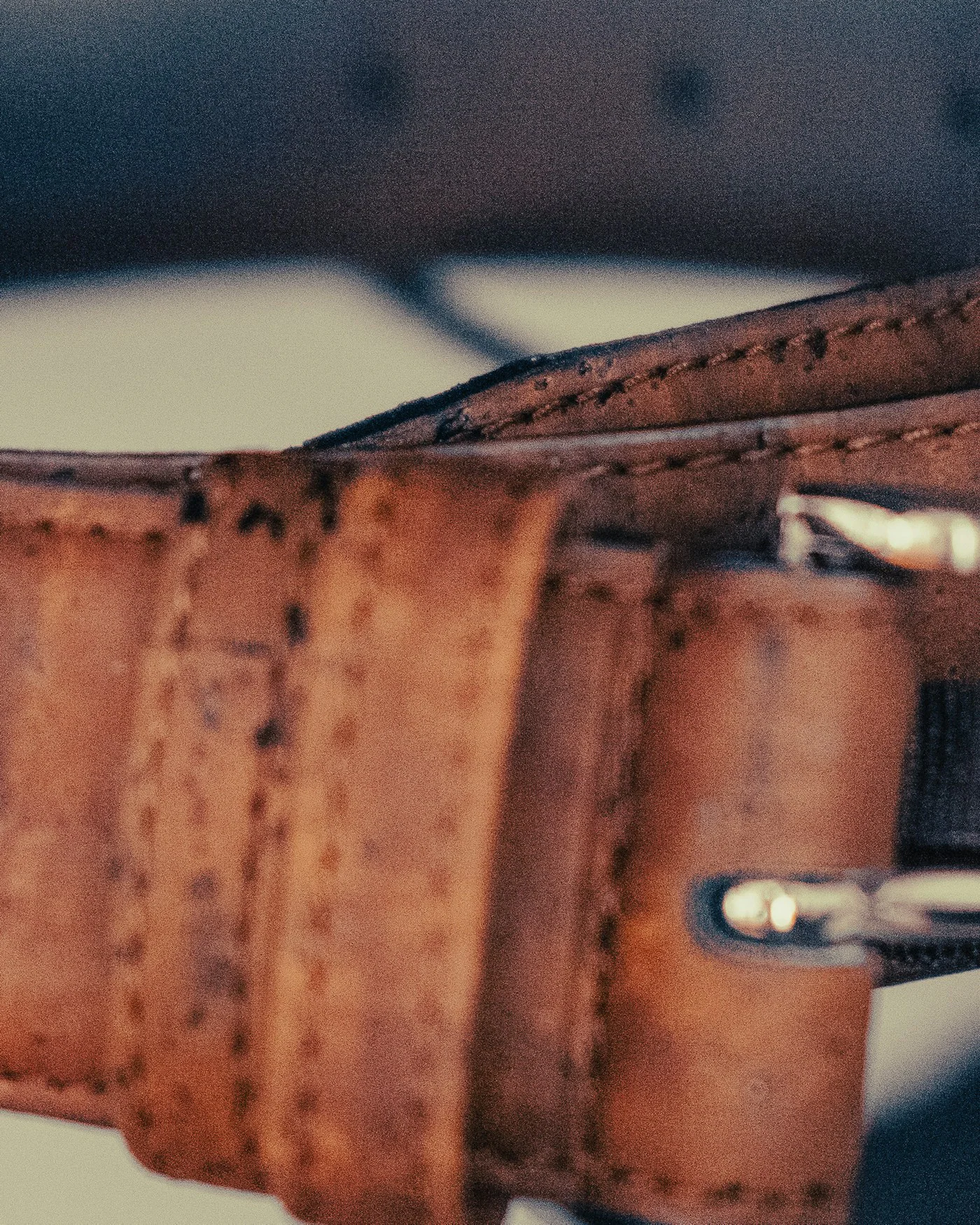 Close-up of a brown leather belt with a metal buckle — detail