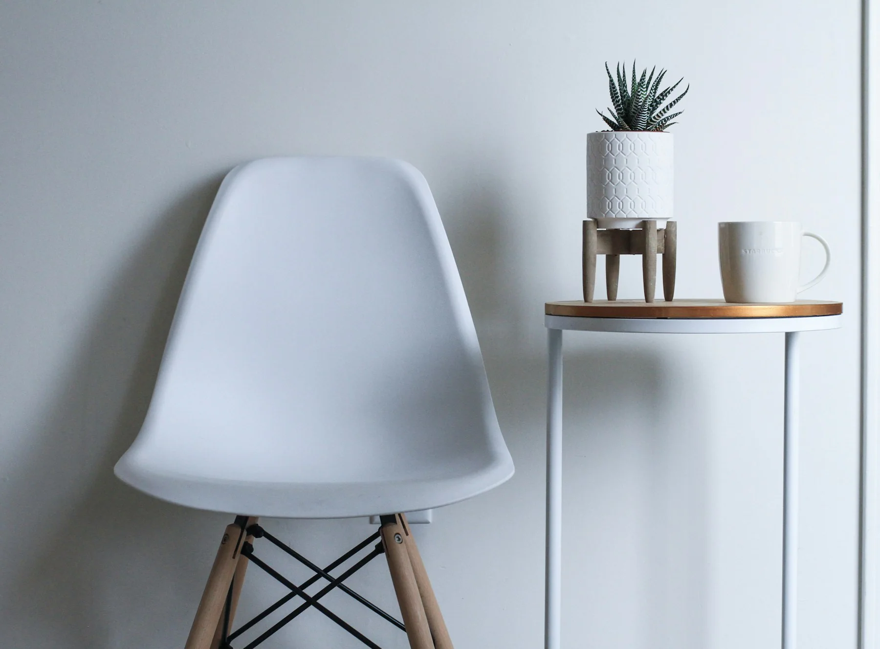 White moulded shell chair beside a plant