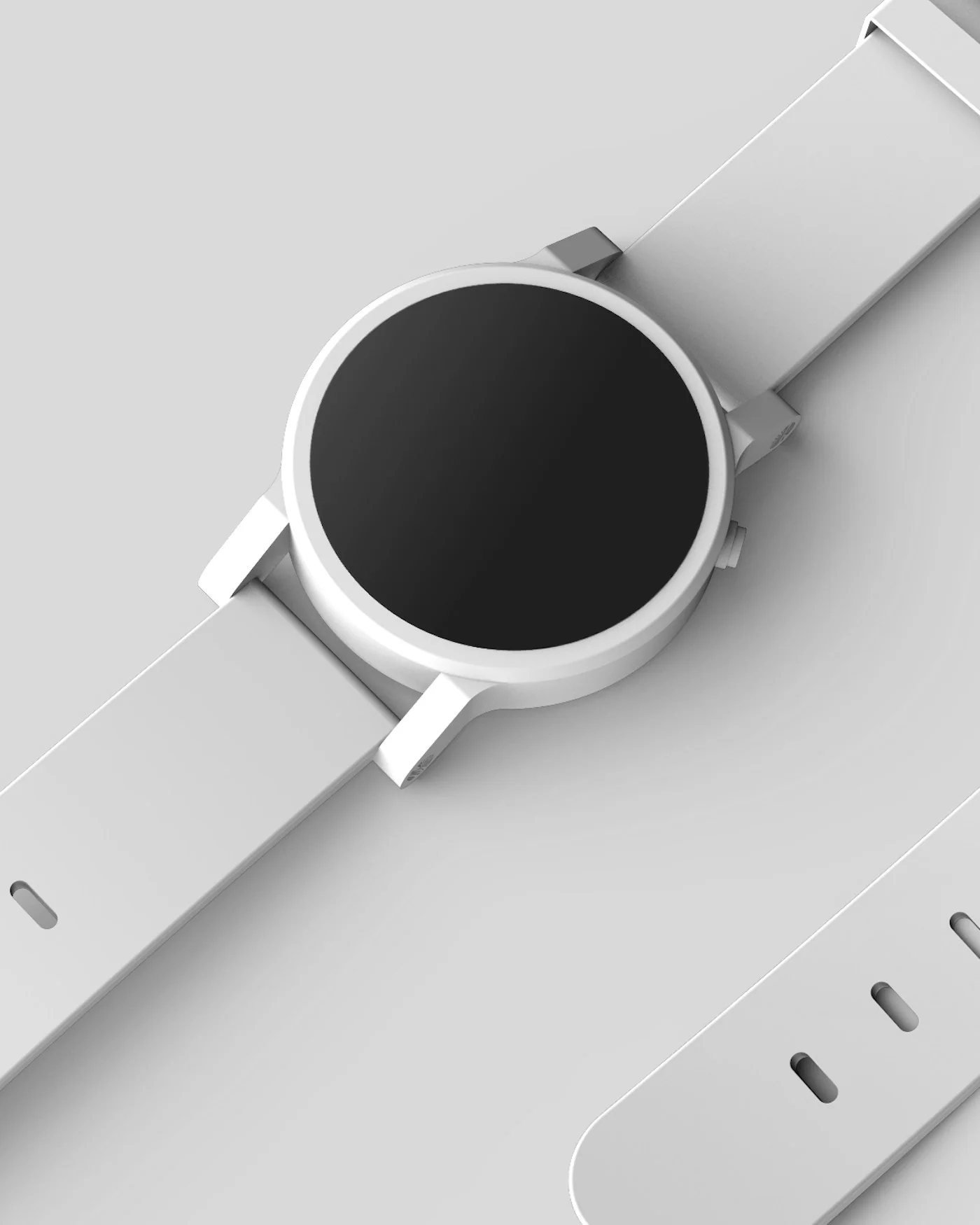 White smartwatch with a silicone strap on a light background — detail